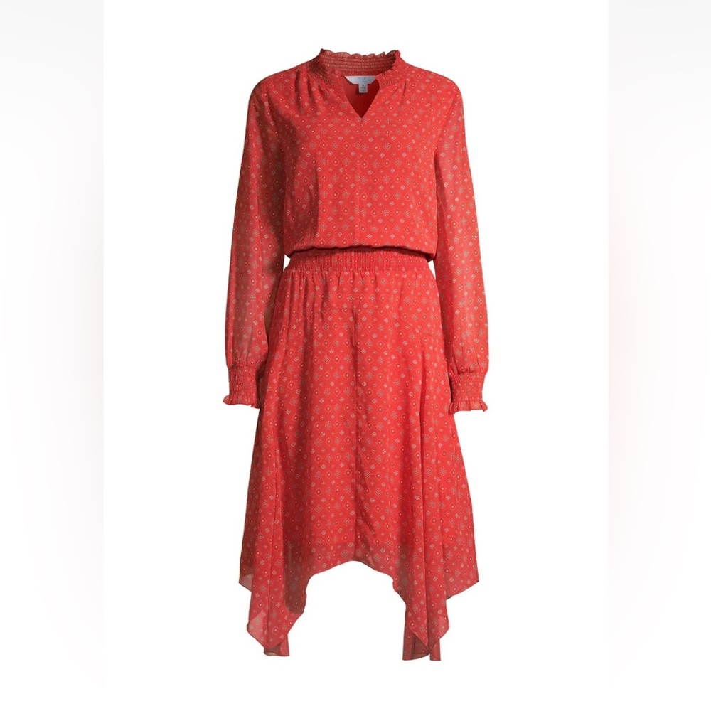 Time & Tru Red-Orange Long Sleeve “Sheer”Lined Handkerchief Pullover Midi Dress